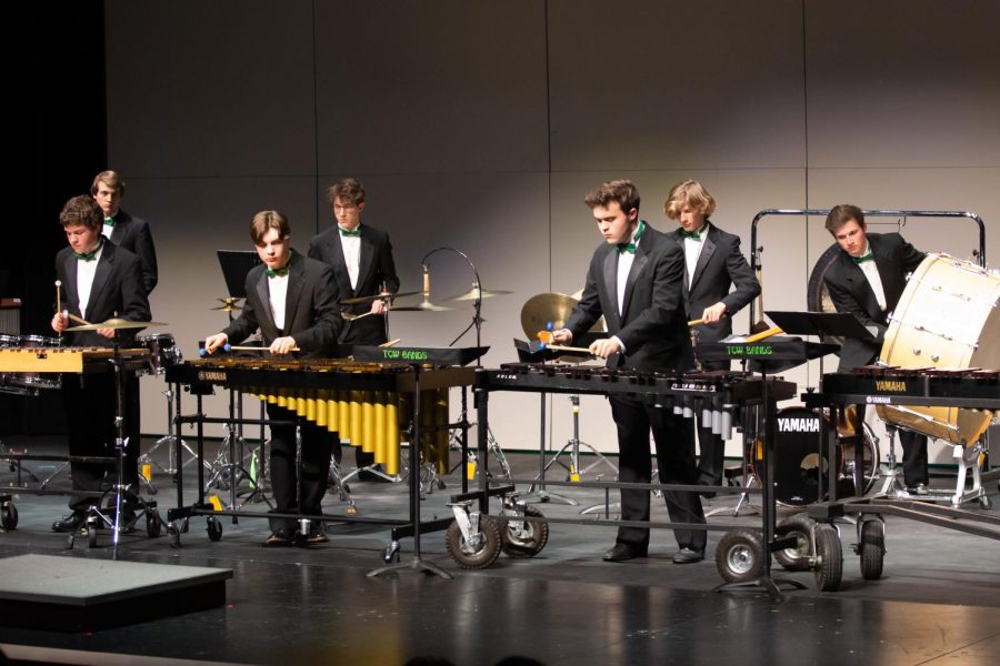 The student led percussion ensemble begins the concert. The ensemble was recognized as outstanding by the Michigan Band and Orchestra Association (MSBOA).