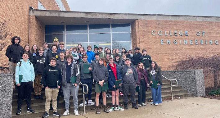 STEM Students stop in front of the College of Engineering building on Michigan State Universitys campus for a quick group picture. Photo Courtesy: Megan Bartley