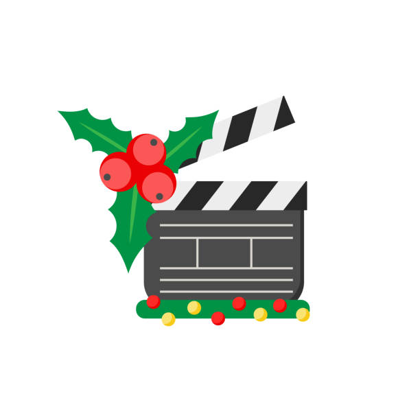 Film clap board cinema sign with holly. Christmas design icon on white background.