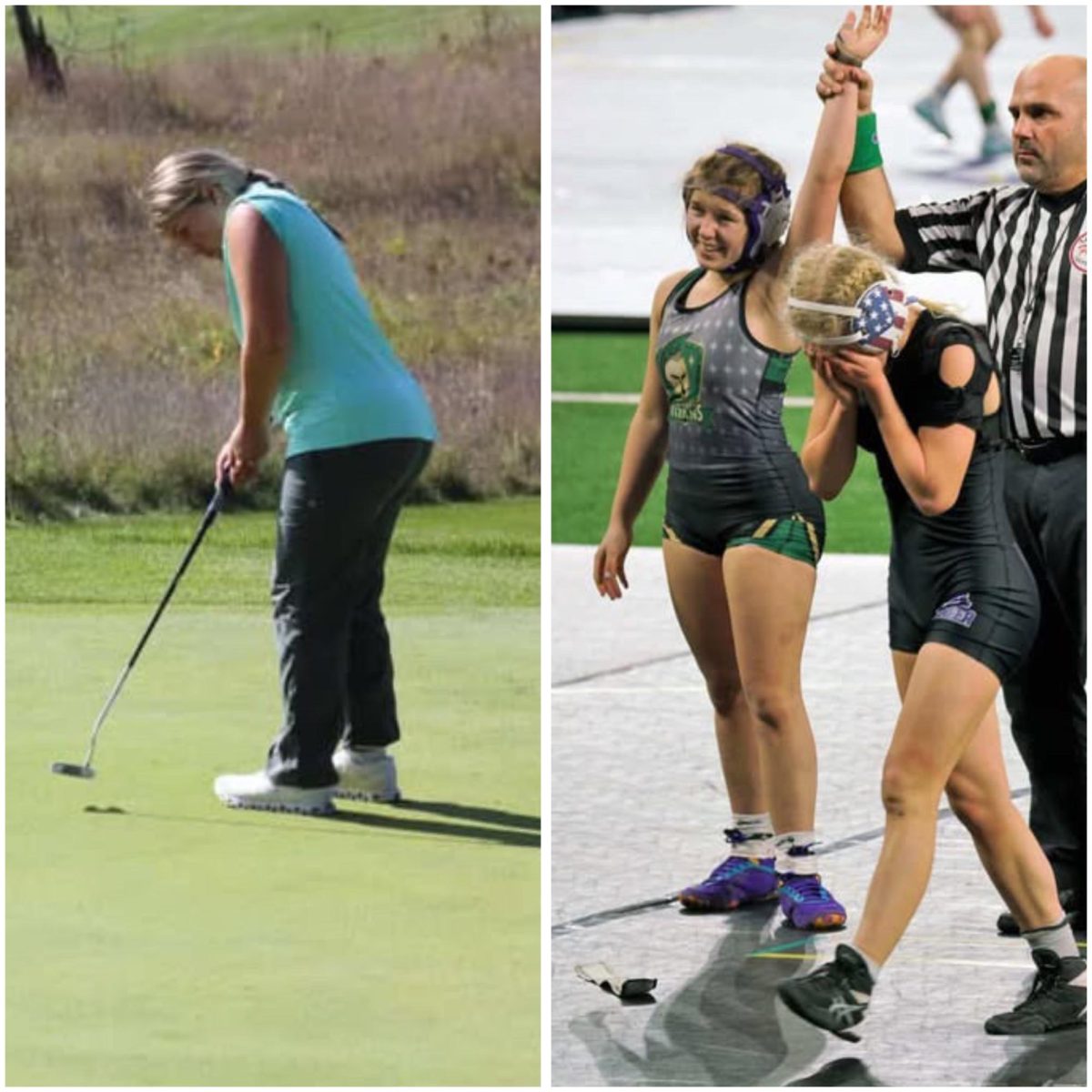On the left, Anna Beers is hitting a putt at Ferris State’s Katke golf course in October 2024. On the right, Beers won a wrestling match at Ford Field in March of 2023.
Photo Courtesy: Anna Beers
