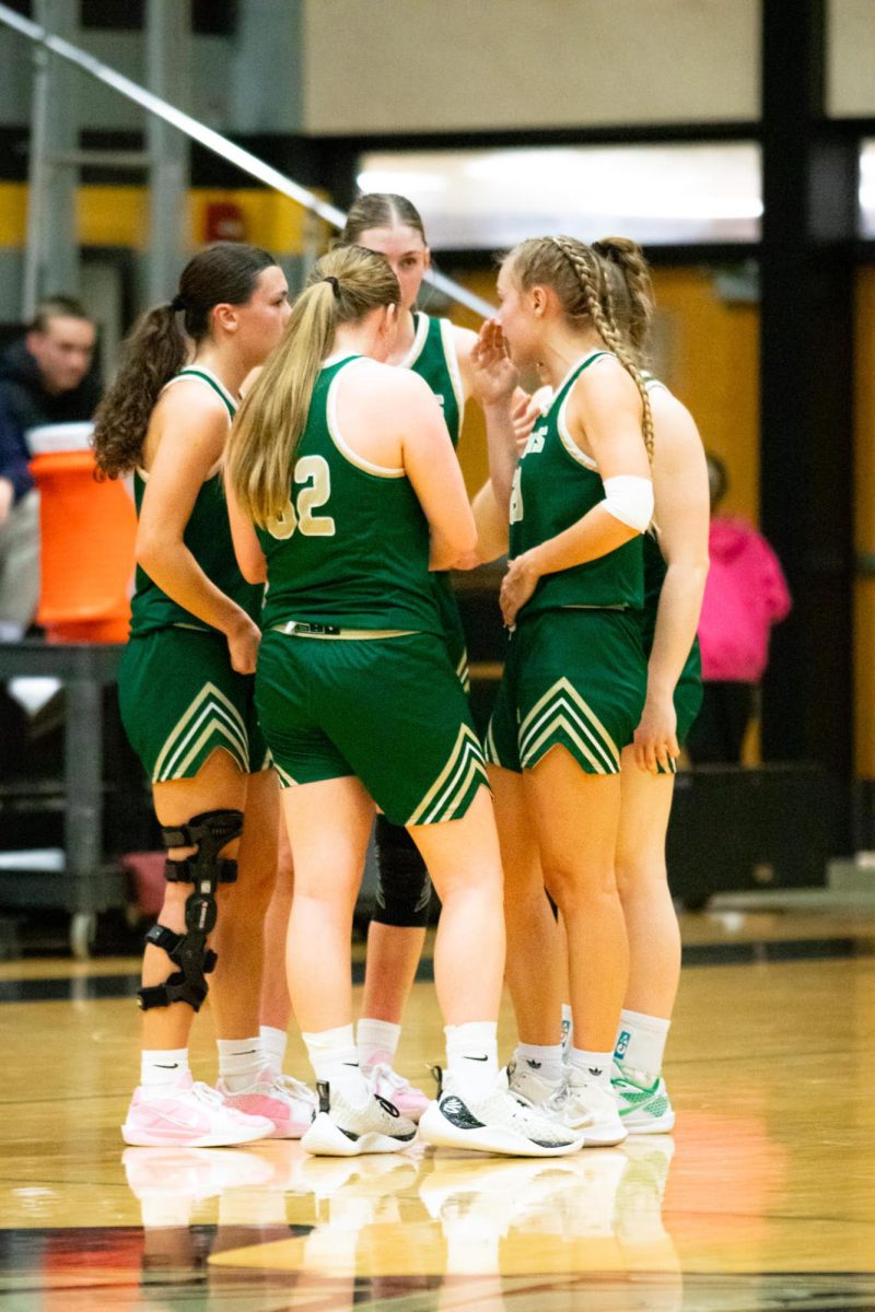 From Left to Right: Reagan Lacross (‘24), Kapri Wilson (‘26), Grace Bohrer (‘25), Emily Kelsey (‘25), and Hailey Nickerson (‘25). Team huddle during last season's District game at TC Central on March 5. Photo courtesy of Parker Neu